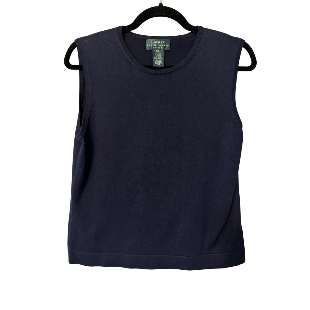 Lauren Ralph Lauren Knit Top Women Petite Large Navy Blue Silk Blend Shell 2242